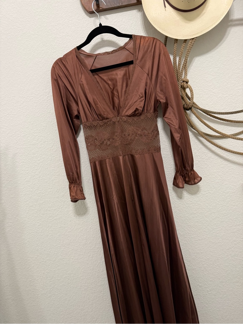 Vintage 1970 Chloé inspired Chocolate Brown Nylon Maxi Dress - Picture 5 of 7